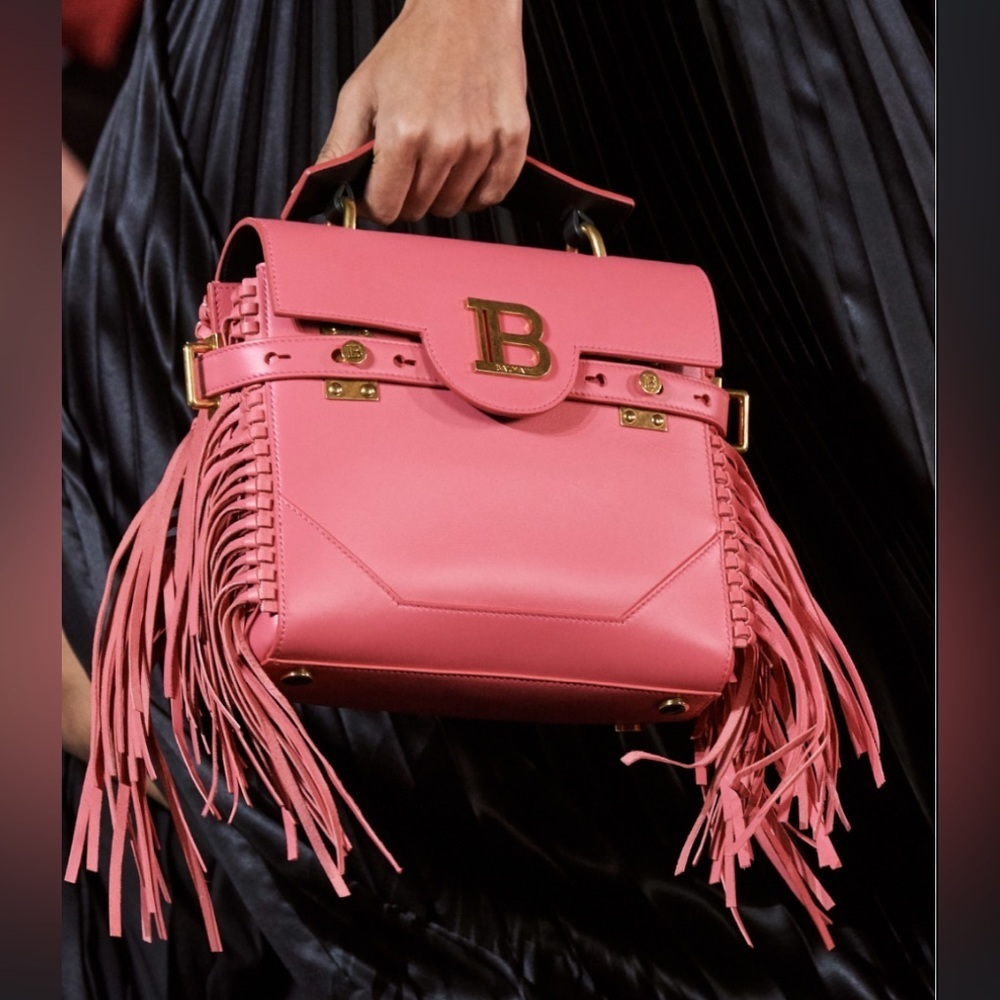 BALMAIN B BUZZ 23 Dark Pink Fringe Leather Gold Metal Hardware Shoulder Handbag